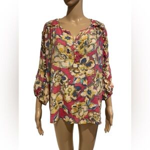 Zac & Rachel Watercolor Boho Blouse Sleeve Ruffle size L